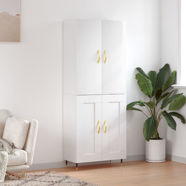 Credenza Bianco Lucido 69,5x34x180 cm in Legno Multistrato