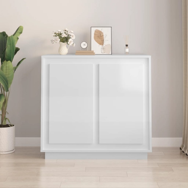 Credenza Bianco Lucido 80x34x75 cm in Legno Multistrato