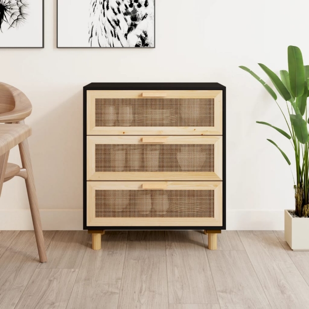 Credenza Nera 60x30x70 cm Legno Massello Pino e Rattan Naturale