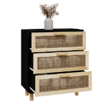 Credenza Nera 60x30x70 cm Legno Massello Pino e Rattan Naturale