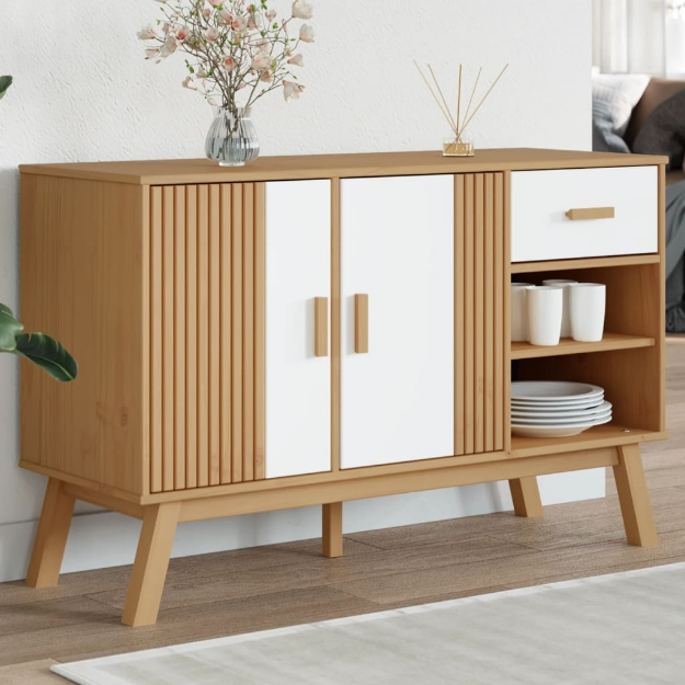 Credenza OLDEN Bianca e Marrone 114x43x73,5 cm Massello di Pino