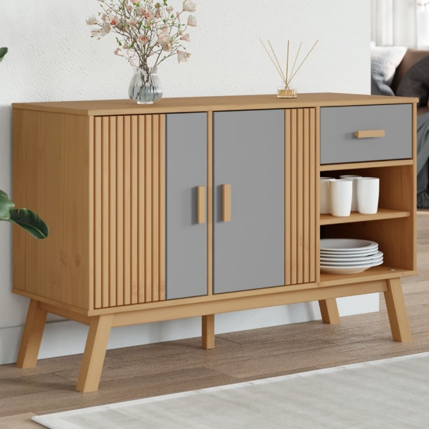 Credenza OLDEN Grigia e Marrone 114x43x73,5 cm Massello di Pino