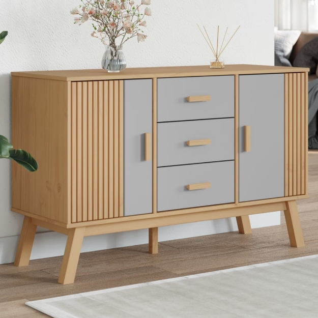 Credenza OLDEN Grigia e Marrone 114x43x73,5 cm Massello di Pino