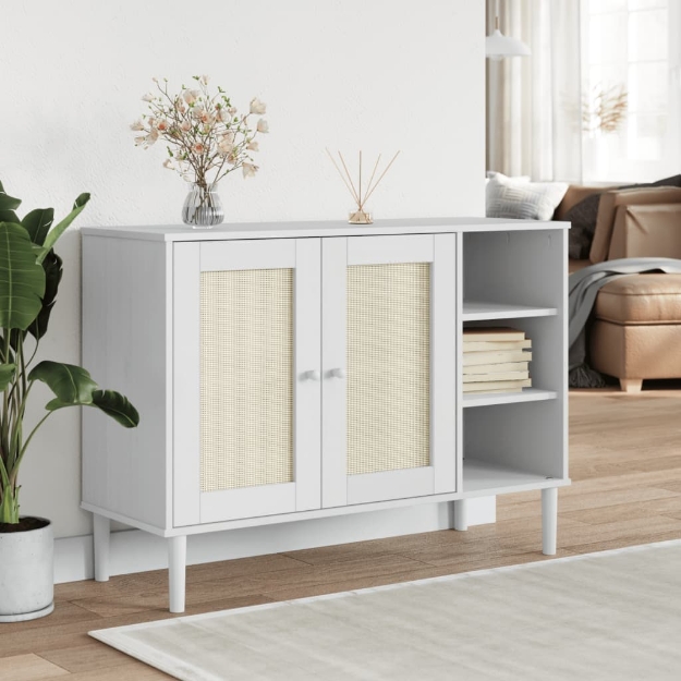 Credenza SENJA Aspetto Rattan Bianco 112x40x80 cm Massello Pino