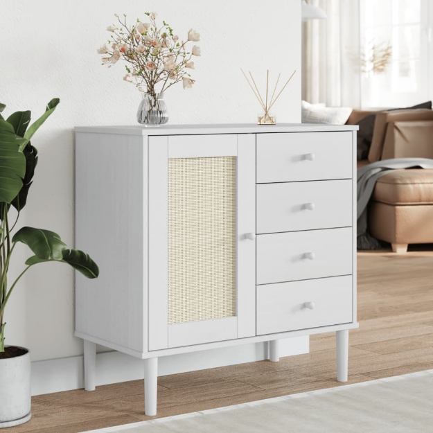 Credenza SENJA Aspetto Rattan Bianco 80x40x80 cm Massello Pino