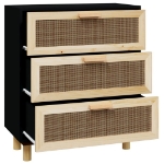 Credenza Nera 60x30x70 cm Legno Massello Pino e Rattan Naturale