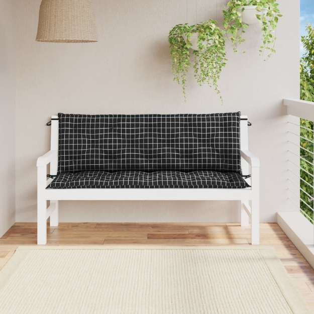 Cuscini Panca da Giardino 2pz a Quadri Nero 150x50x7 cm Tessuto