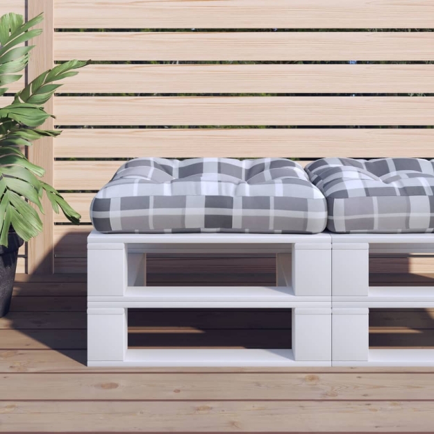 Cuscino per Pouf su Pallet Grigio Motivo a Quadri in Tessuto