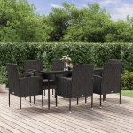 Set da Pranzo da Giardino 7 pz Nero con Cuscini in Polyrattan