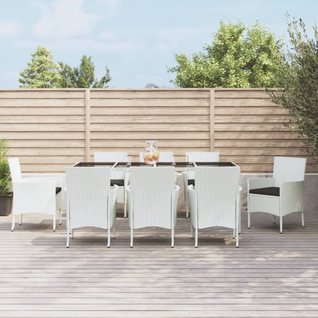 Set da Pranzo da Giardino 9 pz con Cuscini in Polyrattan Bianco