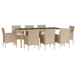 Set da Pranzo da Giardino 9 pz con Cuscini Beige in Polyrattan