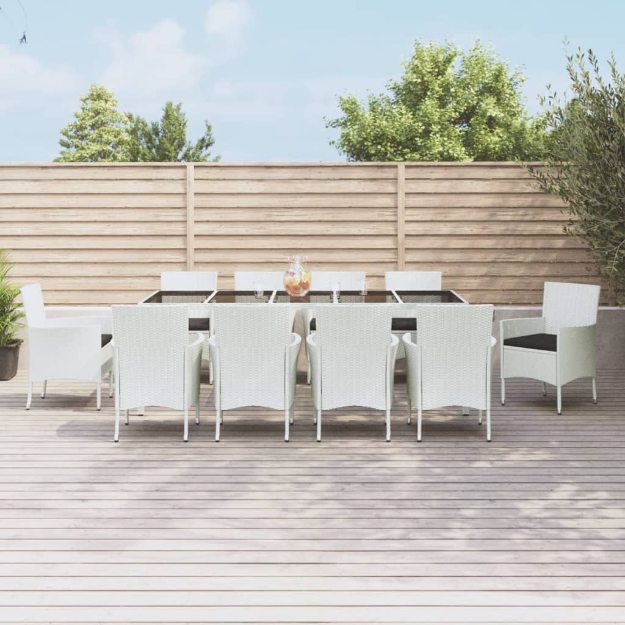 Set da Pranzo da Giardino 11pz con Cuscini Bianco in Polyrattan