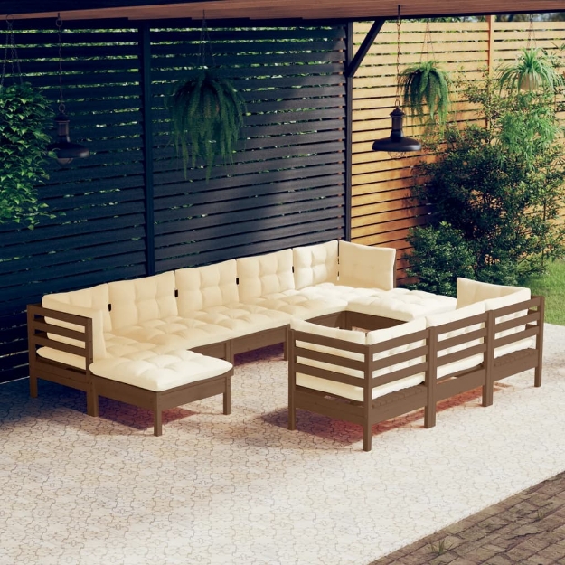 Set Divani da Giardino 10 pz con Cuscini Miele Legno di Pino