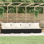 Divano a 4 Posti con Cuscini in Polyrattan Nero