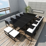 Set da Pranzo da Giardino 13 pz con Cuscini in Polyrattan Nero