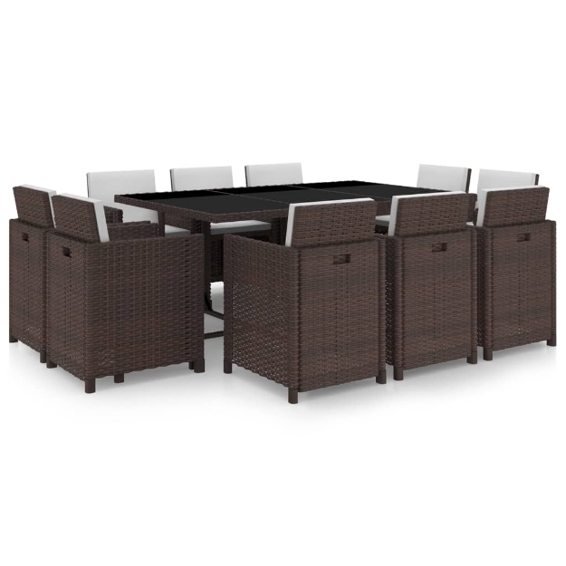 Set da Pranzo da Giardino 11 pz con Cuscini Polyrattan Marrone