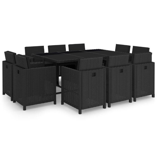 Set da Pranzo da Giardino 11 pz con Cuscini in Polyrattan Nero