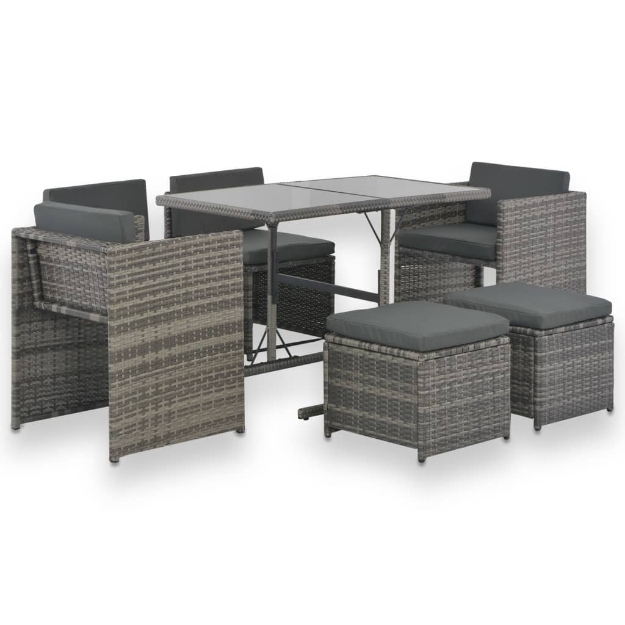 Set da Pranzo per Esterni 7 pz con Cuscini in Polyrattan Grigio