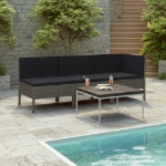 Set Divani da Giardino 3 pz con Cuscini in Polyrattan Grigio