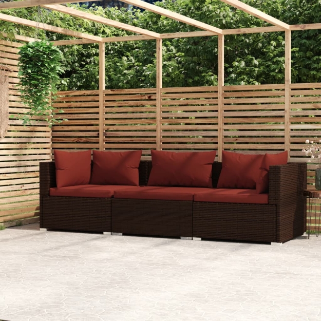 Divano a 3 Posti con Cuscini in Polyrattan Marrone