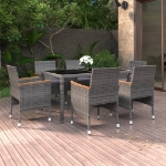 Set da Pranzo Giardino 7 pz Polyrattan e Vetro Temperato Grigio