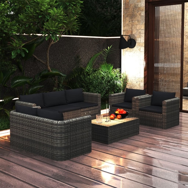 Set Divani da Giardino 8 pz con Cuscini in Polyrattan Grigio