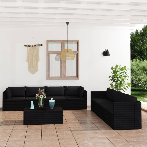 Set Divani da Giardino 9 pz con Cuscini in Polyrattan Nero