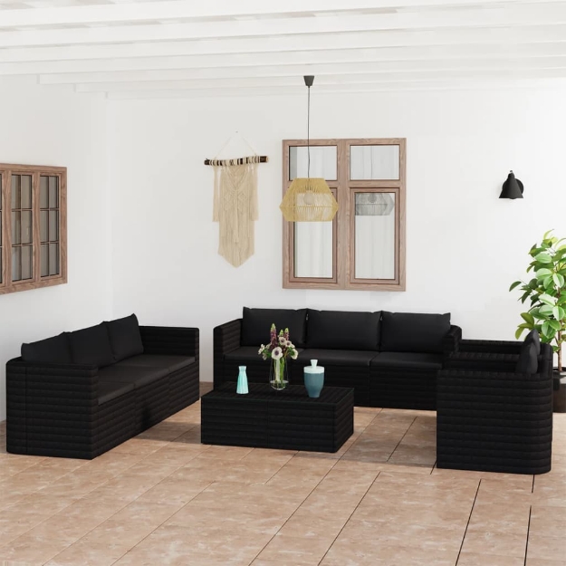 Set Divani da Giardino 10 pz con Cuscini in Polyrattan Nero