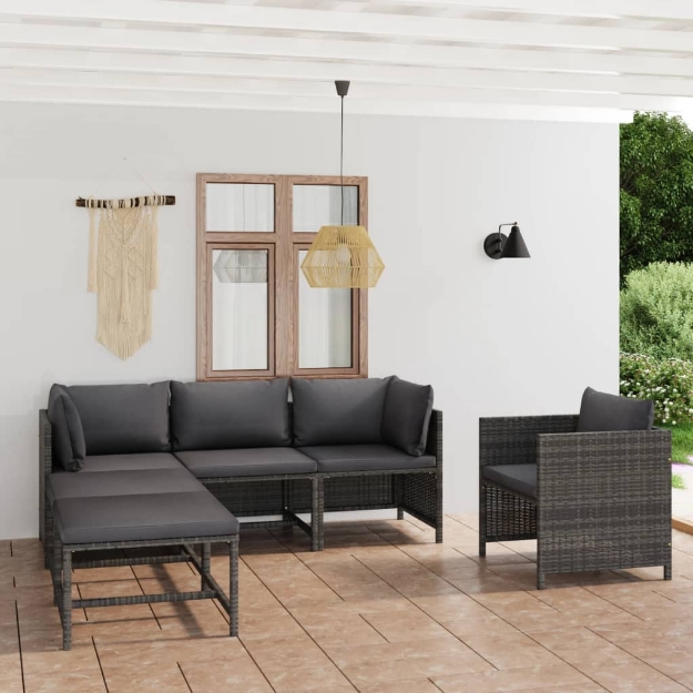 Set Divani da Giardino 6 pz con Cuscini in Polyrattan Grigio