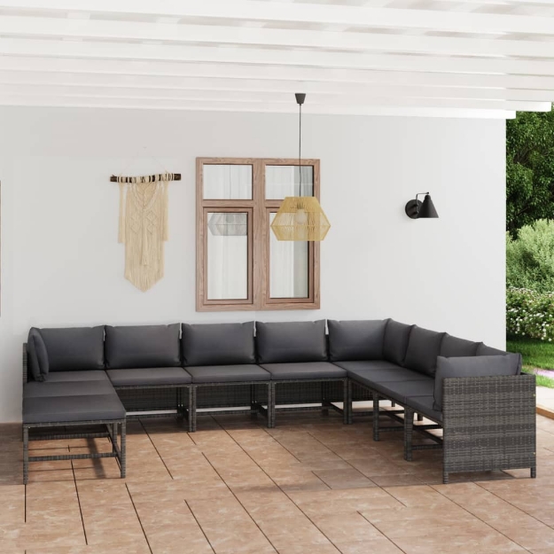 Set Divani da Giardino 11 pz con Cuscini in Polyrattan Grigio