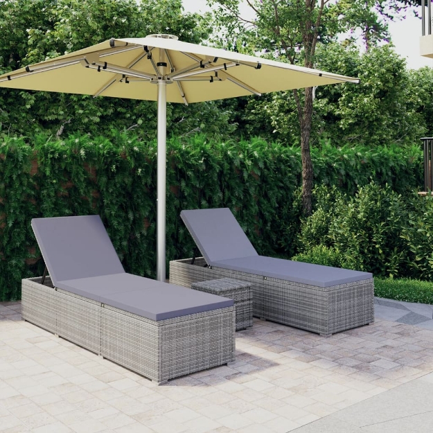 Lettini Prendisole con Tavolino 3 pz in Polyrattan Grigio