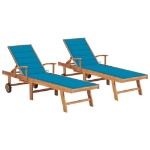 Lettini Prendisole 2 pz con Cuscino Blu Legno Massello di Teak