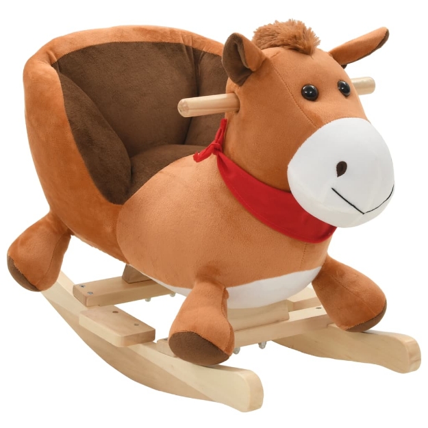 Cavallo a Dondolo con Schienale in Peluche 60x32x50 cm Marrone