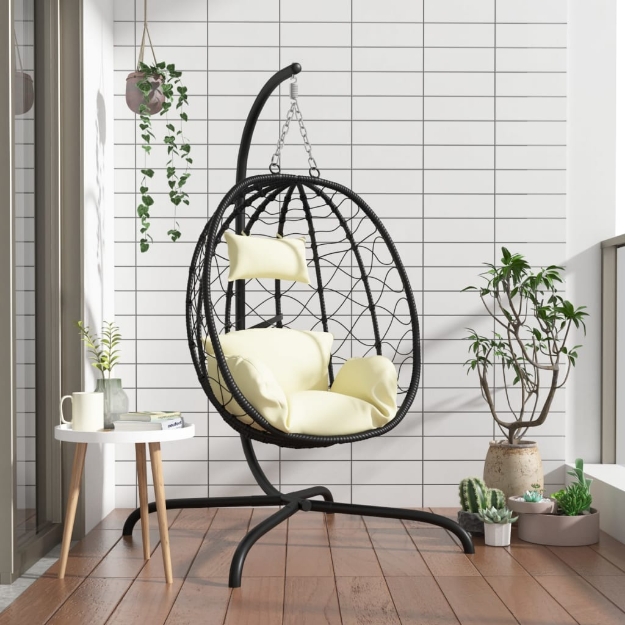 Sedia Uovo Sospesa con Cuscino Bianco Crema Polyrattan Acciaio