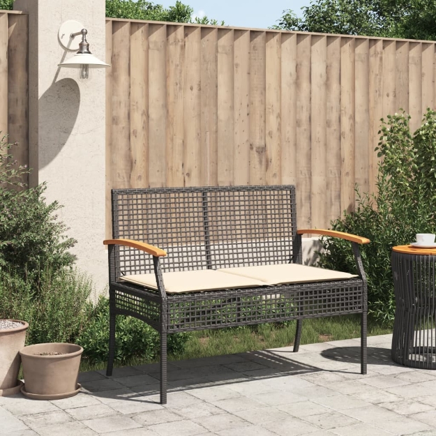 Panca da Giardino con Cuscino Nera in Polyrattan e Legno Acacia