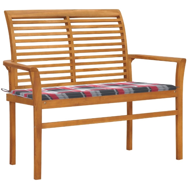 Panca da Giardino con Cuscino Rosso a Quadri 112 cm Legno Teak