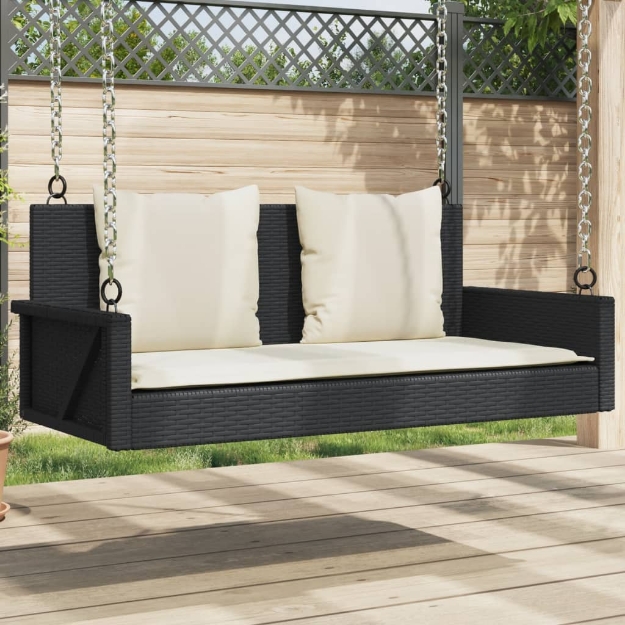 Panchina a Dondolo con Cuscini Nera 119x56x48 cm in Polyrattan