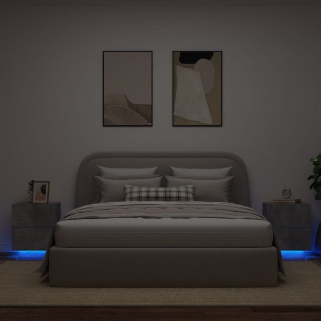 Comodini con Luci LED 2pz Grigio Cemento in Legno Multistrato