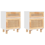 Comodini 2 pz Bianchi Legno Massello di Pino e Rattan Naturale