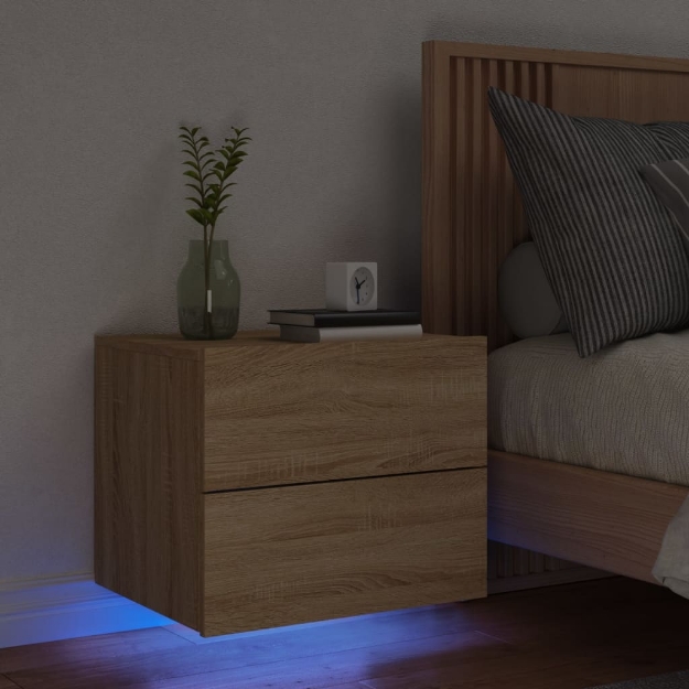 Comodino a Parete con luci LED Rovere Sonoma