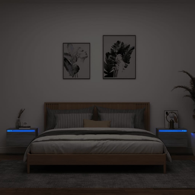 Comodini a Parete con luci LED 2 pz Grigio Sonoma