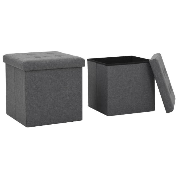 Pouf Pieghevoli con Contenitore 2pz Grigio Scuro in Simil Lino