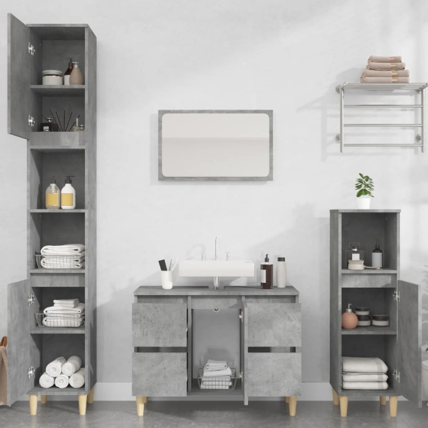 Set Mobili da Bagno 3 pz Grigio Cemento in Legno Multistrato