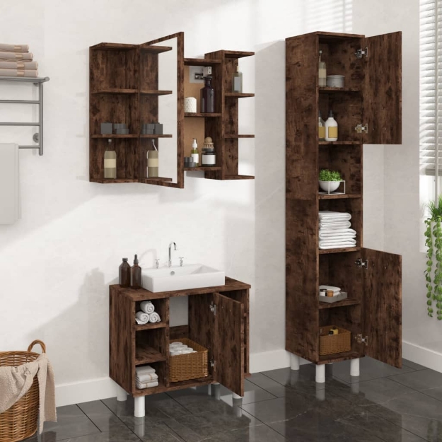 Set Mobili da Bagno 3 pz Rovere Fumo in Legno Multistrato