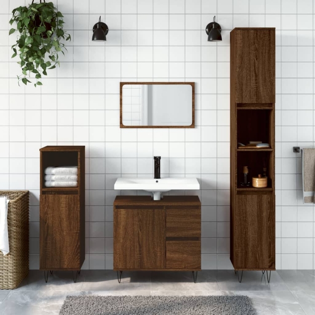 Set Mobili da Bagno 3 pz Rovere Marrone in Legno Multistrato