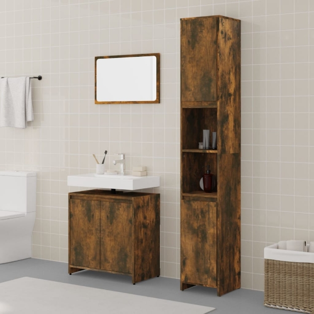 Set Mobili da Bagno 3 pz Rovere Fumo in Legno Multistrato