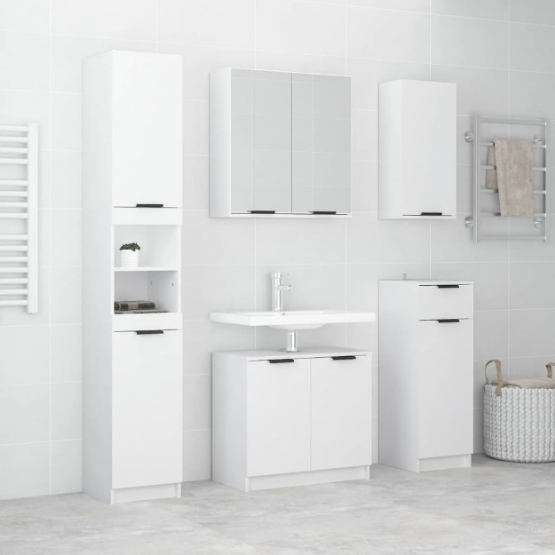 Set Mobili da Bagno 5 pz Bianco Lucido in Legno Multistrato