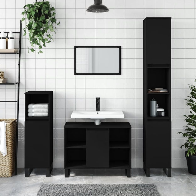 Set Mobili da Bagno 3 pz Nero in Legno Multistrato