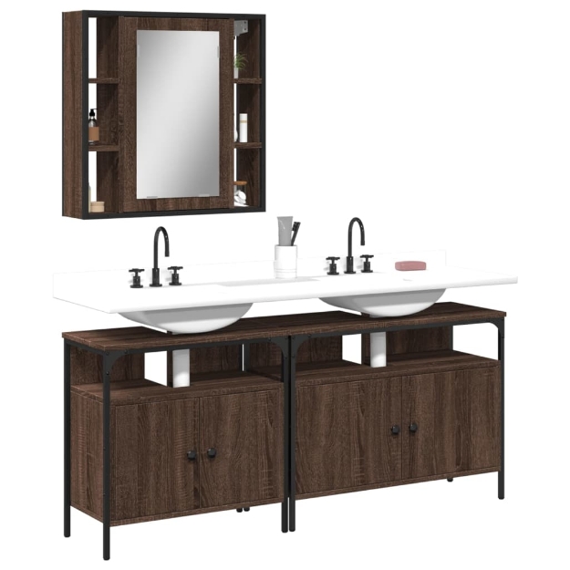 Set Mobili da Bagno 3 pz Rovere Marrone in Legno Multistrato