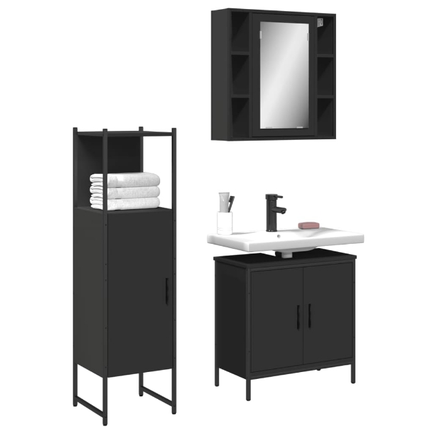 Set di Mobili da Bagno 3 pz Nero in Legno Multistrato